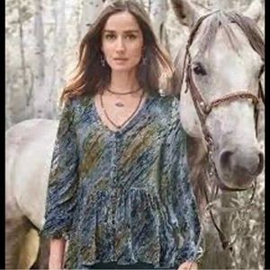 New SUNDANCE Velvet Riches Burnout Peplum Blouse Top Shirt Blue Green Silk Yello